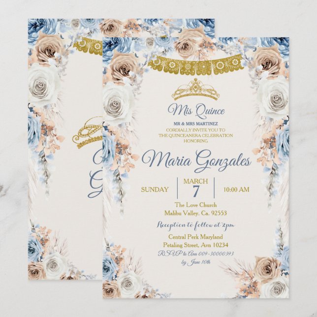 Dusty Blue Princess Mis Quince Convite de Aniversá (Frente/Verso)