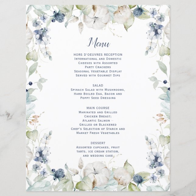 Dusty Blue Sage Green Winter Floral Wedment Menu (Frente)