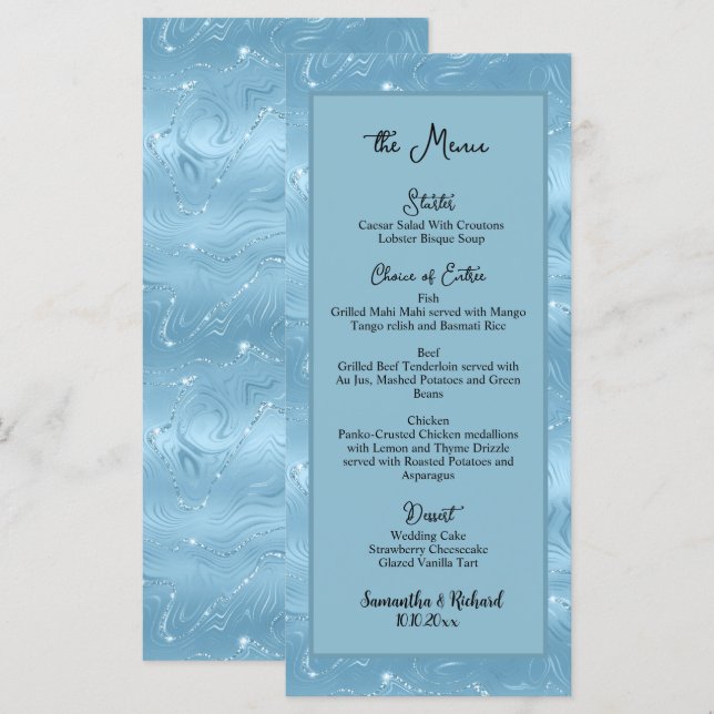 Dusty Blue Silver Glitter 4x9" Menu de Casamento (Frente/Verso)