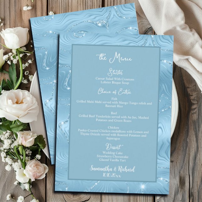 Dusty Blue Silver Glitter 5x7" Menu de Casamento (Criador carregado)