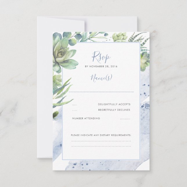 Dusty Blue Succulents Greenery Wedding RSVP (Frente)
