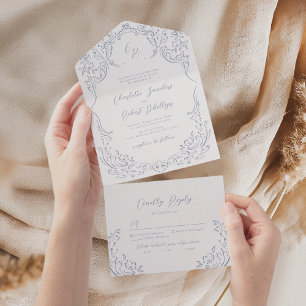 Dusty Blue Vintage Casamento de Monograma Flourish