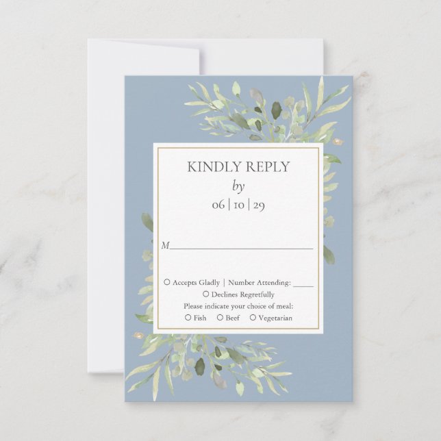 Dusty Blue Watercolor Greenery Casamento RSVP (Frente)