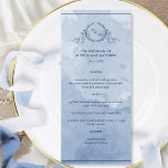 Dusty Blue Watercolor Menu Casamento Monograma<br><div class="desc">Aprecie seus hóspedes com este belo cardápio azul e azul-d'água monograma, com um elegante monograma botânico desenhado à mão com as iniciais do casal sobre um requintado fundo de lavagem a aquarela em uma bela mistura de tons azuis e azuis empoeirados. Fácil de preencher o modelo com seus detalhes e...</div>