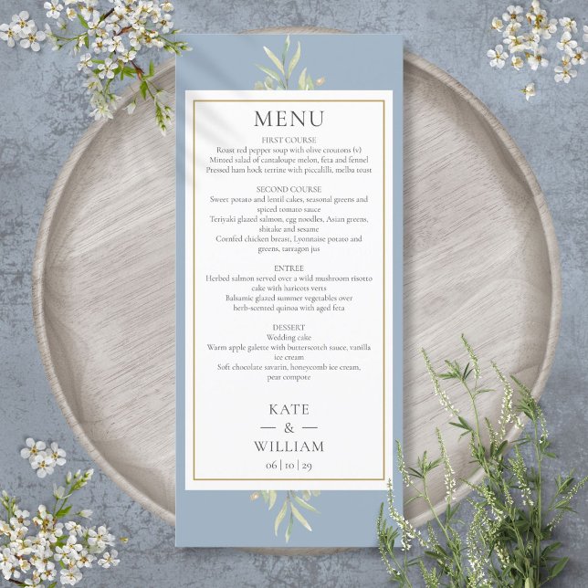Dusty Blue Watercolor Menu Janto Greenery Casament (Dusty Blue Watercolor Greenery Wedding Dinner Menu)