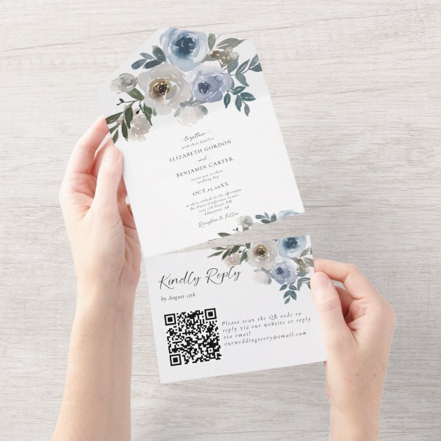 Dusty Blue Wedding Código QR Floral Elegante Prima (Tearaway)