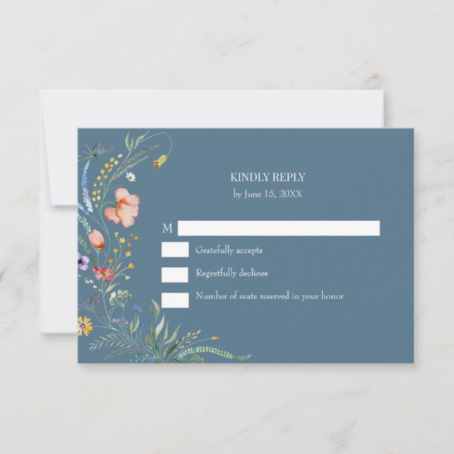 Dusty Blue Wildflower Meadow Wedding RSVP Card (Frente)