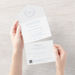 Dusty Blue Wreath Monograma QR Código Elegante Cas