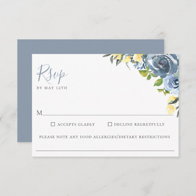 Dusty Blue Yellow Floral Weding Allergy RSVP (Frente/Verso)