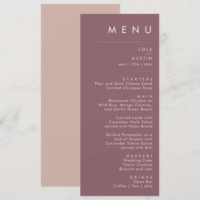 Dusty Boho | Menu Janto Casamento Roxo e Rosa (Frente/Verso)