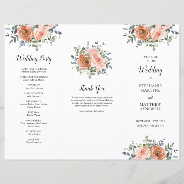 Dusty Coral Eucalyptus Ordem de Serviço Casamento (Frente)