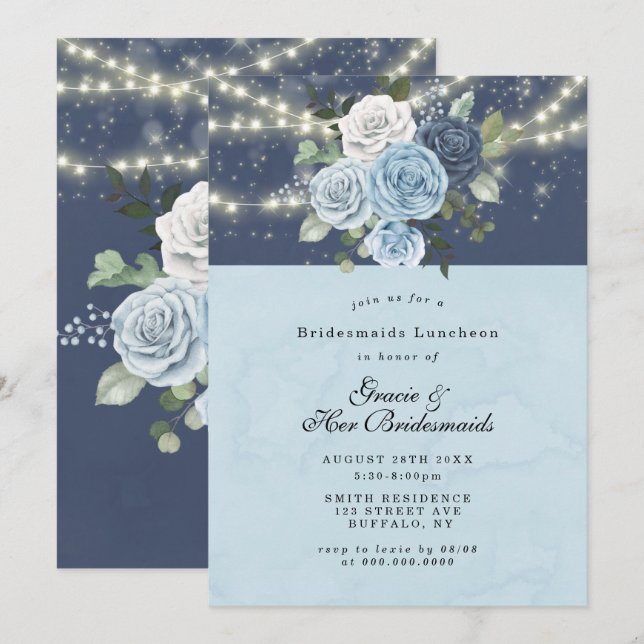 Dusty Marinho Blue Peony Bridesmaids Luncheon Invi (Frente/Verso)