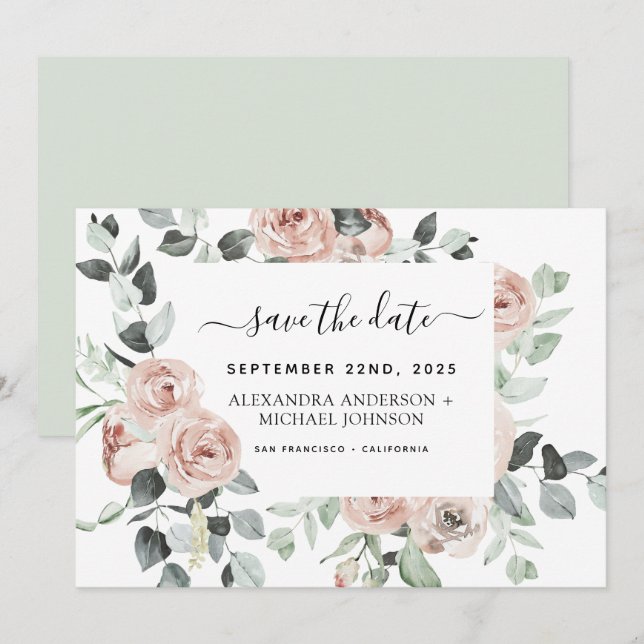 Dusty Pink Floral Greenery Salve a Data Convite (Frente/Verso)