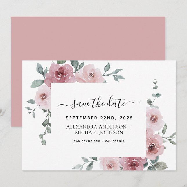 Dusty Pink Floral Greenery Salve a Data Convite (Frente/Verso)