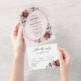 Dusty Pink Mauve Rosa Floral Casamento Geométrico 
