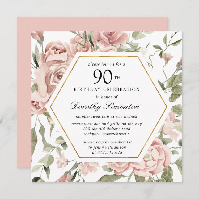 Dusty Pink Rose 90 Floral Convite de Aniversário (Frente/Verso)