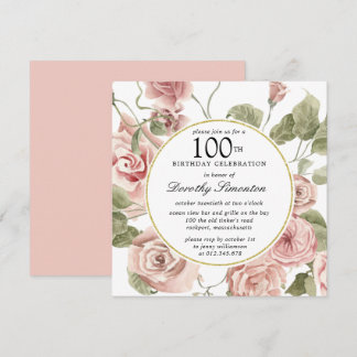 Dusty Pink Rose Floral 100º Convite de Aniversário