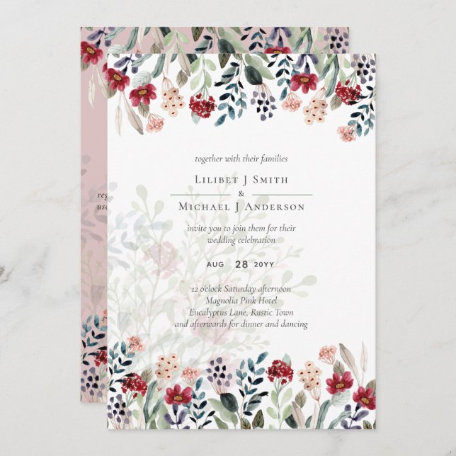 Dusty Rosa Burgundy Casamento Floral (Frente/Verso)