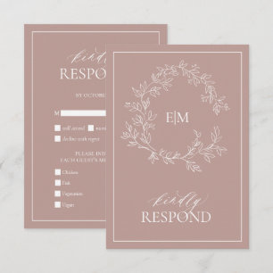 Dusty Rosa Leafy Crest Monograma Cartão RSVP de Ca