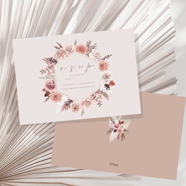 Dusty Rosa Pampas Boho Wedding RSVP (Boho Dusty Pink Dried Flowers Wreath Wedding RSVP Card)