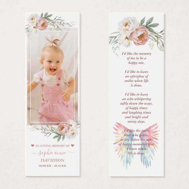 Dusty Rosa Photo Funeral Memorial Bookmark (Frente & Verso)