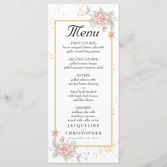 Dusty Rosa Pink Peony Floral Peach Menu Casamento (Frente)
