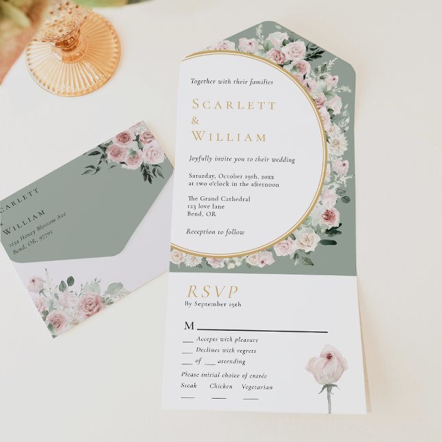 Dusty Rosa Sage Vintage Menu Choice RSVP Wedding (Criador carregado)