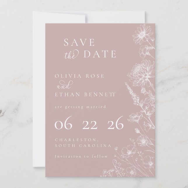 Dusty Rose Botanical Minimal Wedding Save the Date (Frente)