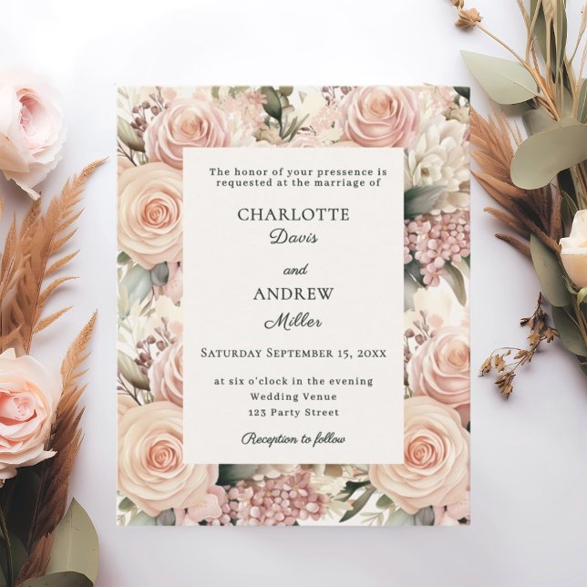 Dusty rose mauve ivory florals wedding invitation (Criador carregado)