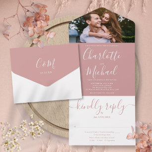 Dusty Rose Moderno Convite de Casamento com Foto e