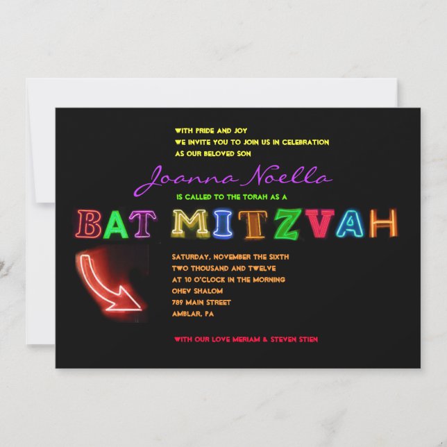 É ELÉTRICO!  NEON - SINAL Bat Mitzvah Convite (Frente)