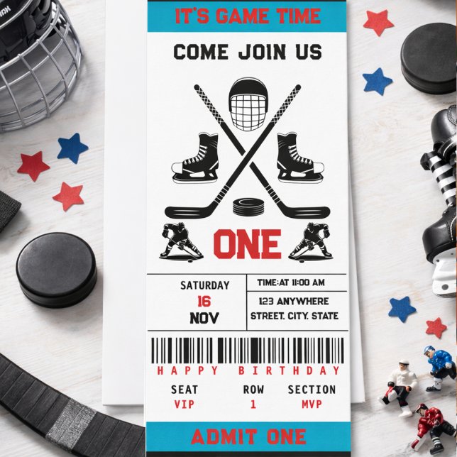 É hora do jogo de hóquei no gelo - Convite de Aniv (It’s Game Time Hockey Ticket 1st Birthday Party Invitation
)