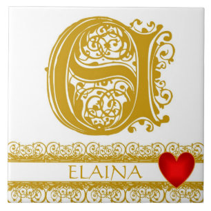 E Monograma Nome Dourado Lace Red Heart Azulejo