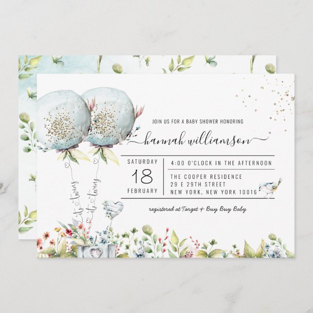 É o convite para Chás de fraldas de Balões Azuis G (Frente/Verso)