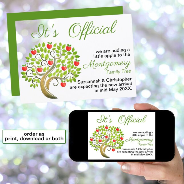 É oficial. Esperamos Modelo de árvore de maçã (print and downloadable announcement)