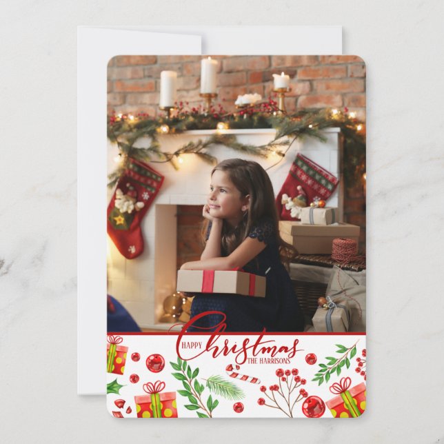 É um cartão de Natal com foto de férias (Frente)