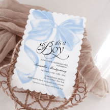 É um Convite de Bebê Menino Azul Coquette Bow