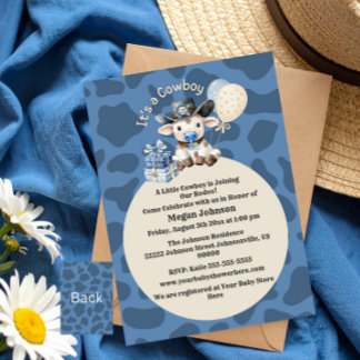 É um Convite de Chá de Bebê Cowboy Azul e Bege