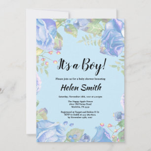 É um convite de chá de bebê floral azul para menin