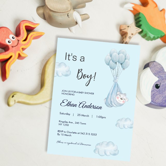 É um convite para Chá de fraldas de um Urso Menino (Its a boy bear Balloon Baby Shower Invite)