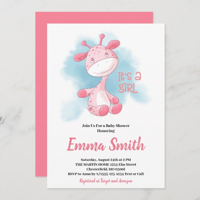 É um convite para Chá de fraldas Girafa em Waterco (Frente/Verso)