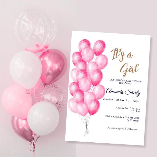 É um convite para Chás de fraldas de Balões Rosa M (Its a Girl Pink Balloons Baby Shower Invite)