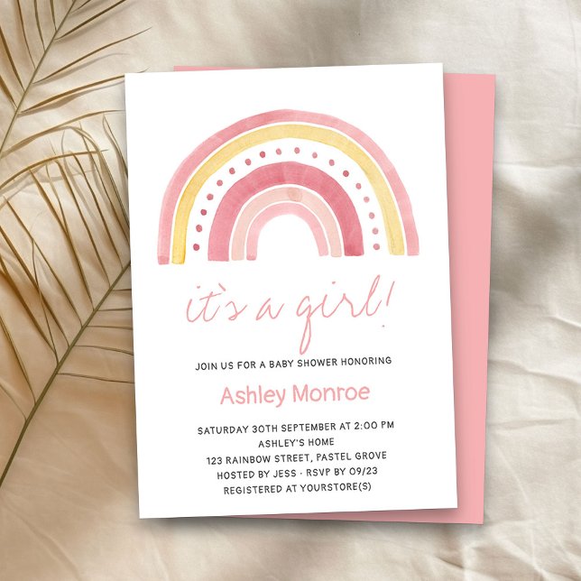 É um convite para Chás de fraldas do Arco-Íris Ros (It's a Girl baby shower invitation with cute rainbow)