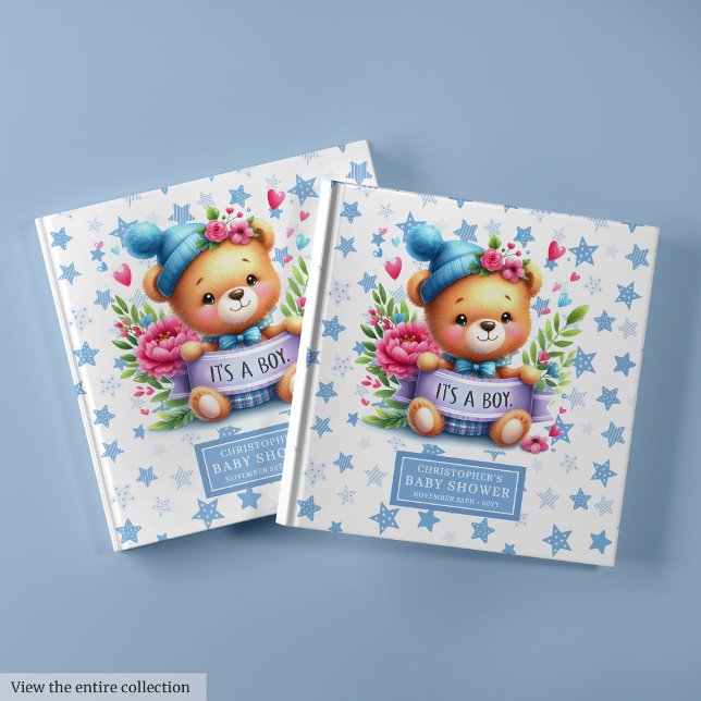 É um livro de hóspedes de ursinho para crianças (Playful It’s a boy teddy bear guest book for baby boys)