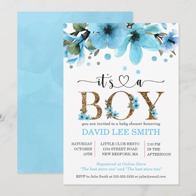 É um menino Aquarela azul claro e dourado (Frente/Verso)