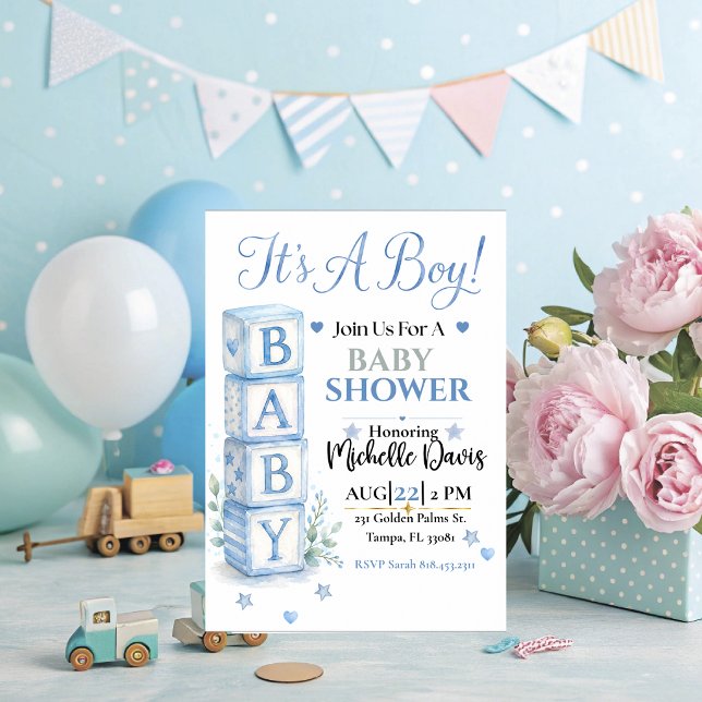 É um Menino | Convite de Chá de Bebê em Blocos (It's a Boy Blue Blocks Baby Shower Invitation. )