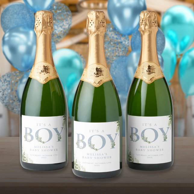 É Um Rapaz Azul Verde Chá de fraldas (Its A Boy Dusty Blue Greenery Letter Baby Shower Sparkling Wine Label)