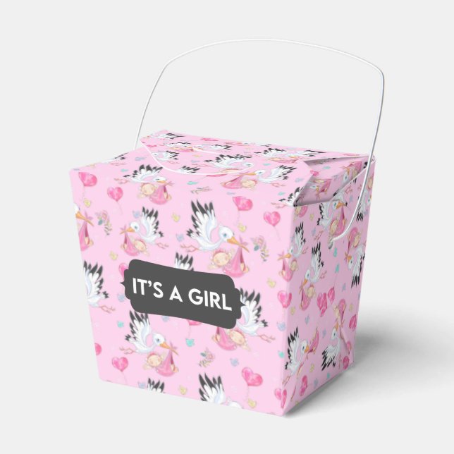 É uma caixa de favores de bebês de "Girl Stork" (Frente)