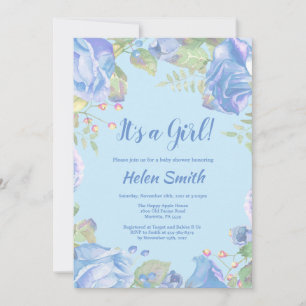É uma Menina Convite de Chá de Bebê Floral Azul