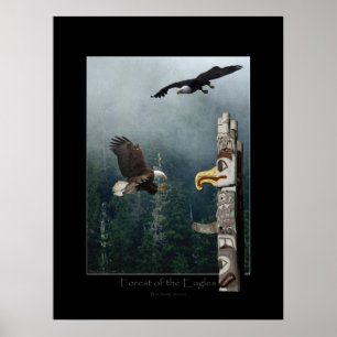 Eagles, floresta & poster da arte de Totem-Pólo